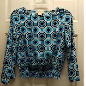 Michael Kors Women's Size Small Petite Blue Funky Retro Geometric Pattern Top